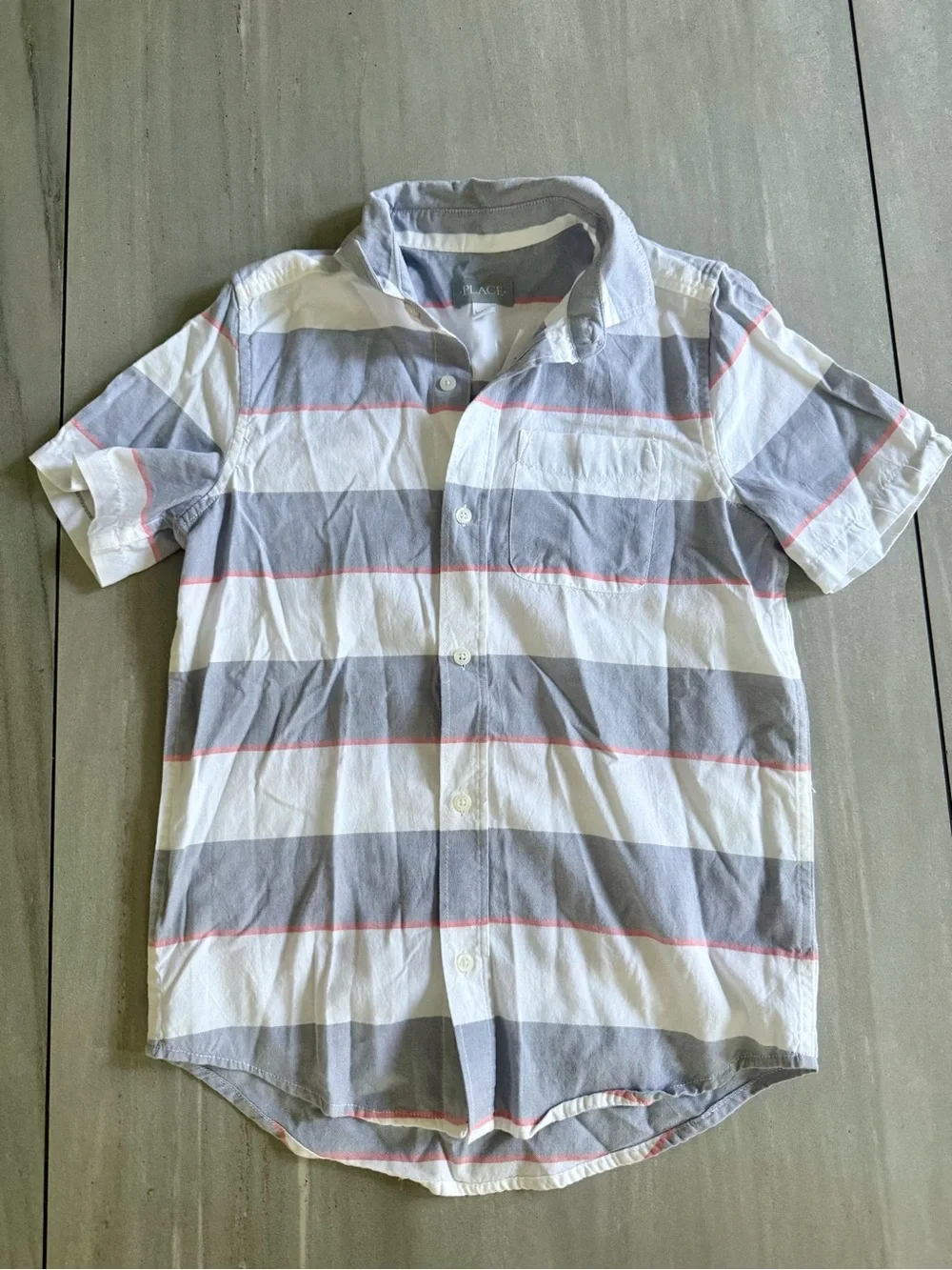 Kid’s Short Sleeve Stripe Button-Up Shirt - White & Light Gray with Pink Accents